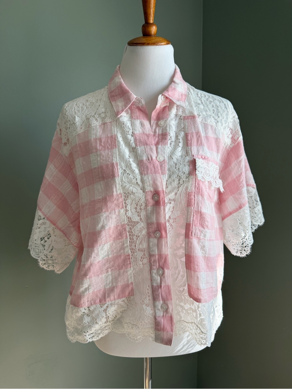 Anthropologie Pink Gingham Lace Button Down Size Medium NWOT